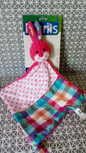Doudou hochet plat lapin rose blanc pois carreaux Furnis Neuf
