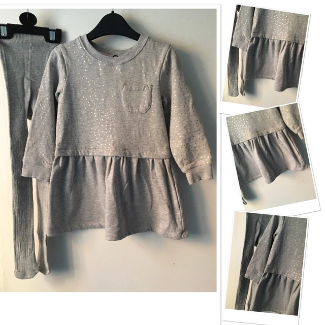 George Girls Grey Polka Jumper Dress Exc & New M&S Ribbed Tights 2-3 Years