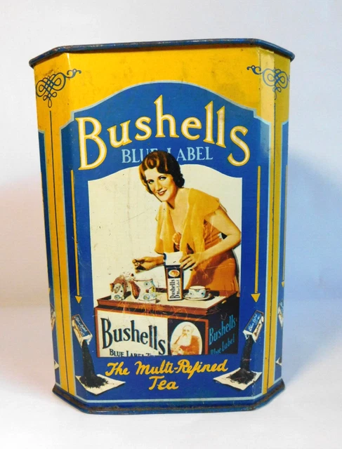 VINTAGE BUSHELLS BLUE Label Tea Caddy Tin No Lid Blue Yellow $46.00 ...