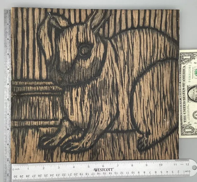 Primitive VTG 1944 Folk Art Rabbit Carved Wood BIG Printing Block Stamp Textile