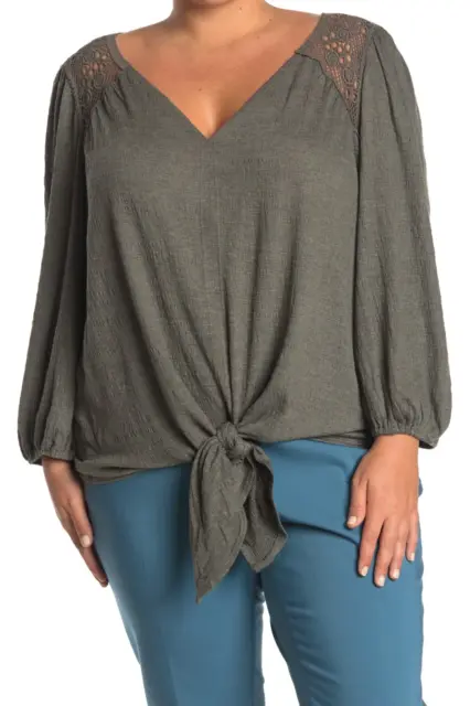 MAX STUDIO 3/4 Sleeve Knot Front v neck Top In Green size 1X 78$