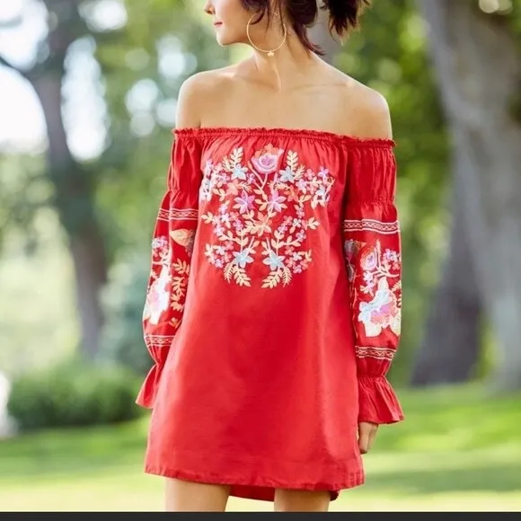 Free People Red Fleur du Jour Off Shoulder Mini Dress Tunic Embroidered M Spring