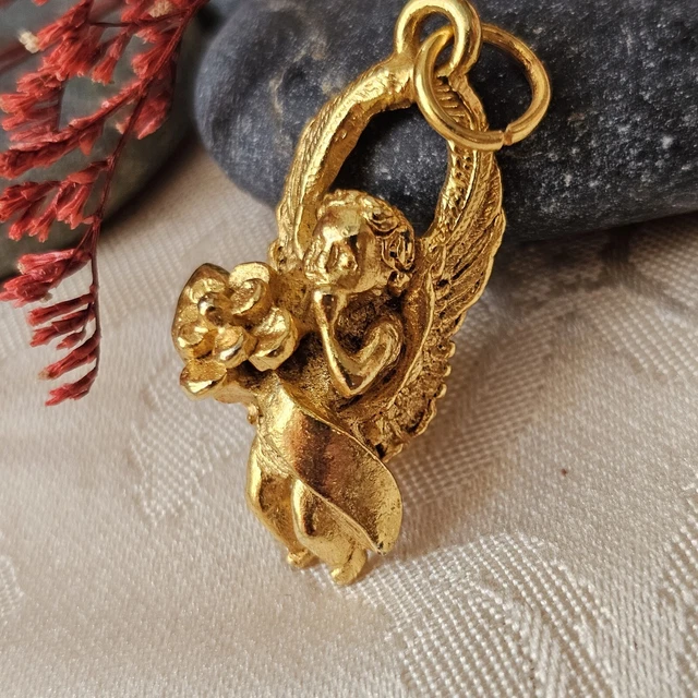 Pendentif Ancien En Argent Massif 925 - Ange Angelot Jouant De La Harpe - Occasion Superbe état