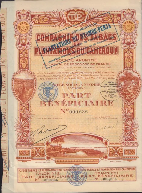 AFRICA  CAMEROON TOBACCO : Comp. des Tabacs Plantations du Cameroun 1929