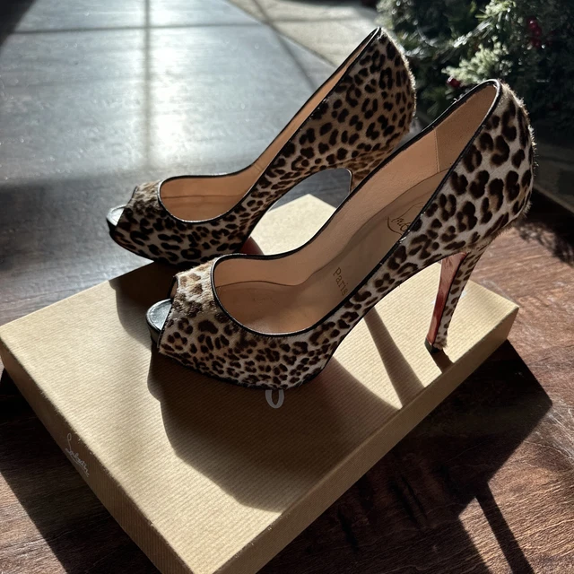 Christian Louboutin Very Prive Leopard Print pony hair Peep Toe Pumps Size 38