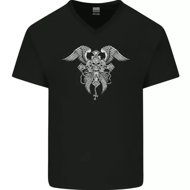 Cross Skull Wings Gothic Biker Schwermetall Herren V-Ausschnitt Baumwolle T-Shirt