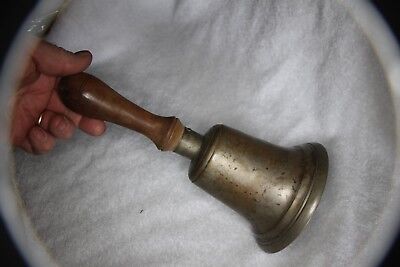 Large Antique Cast Bronze Brass School Bell 10" Tall 5" Dia Ring and Wood Handle