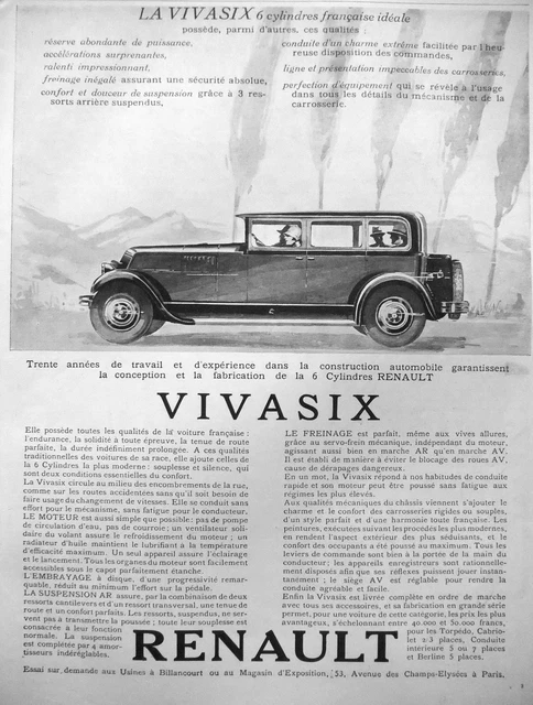 Publicité Vivasix Renault 6 Cylindres Française Idéale Puissante Surprenante
