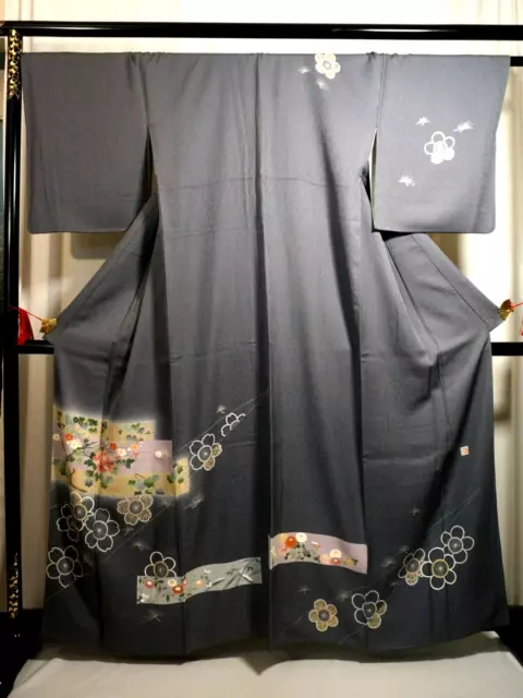 Japanese kimono  "HOUMONGI", Mountain scenery, Old houses, Boats,  L5' 6"..3092