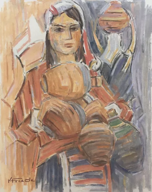 Karl Freede 1908-2000 Vide Bosnische Femme Pots Marché Balkan Portrait Pastel 3