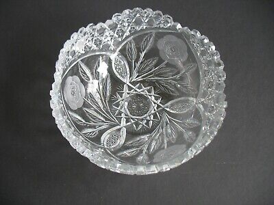 ABP American Brilliant Cut Glass Rose Bowl Fine Intaglio Floral & Leaf 8 1/4"
