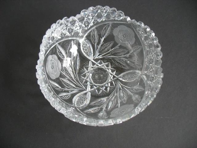 ABP American Brilliant Cut Glass Rose Bowl Fine Intaglio Floral & Leaf 8 1/4"