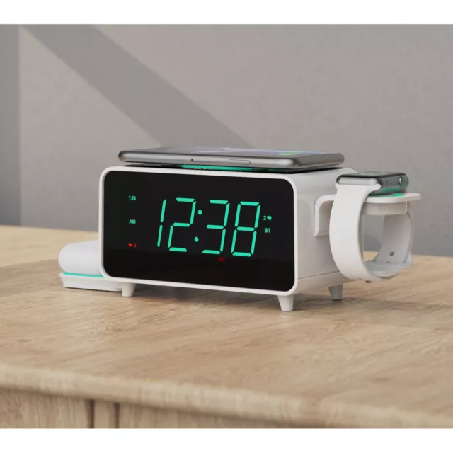 Multiple Wireless Charging Alarm Clock Radio with Bluetooth Speaker USB Charger