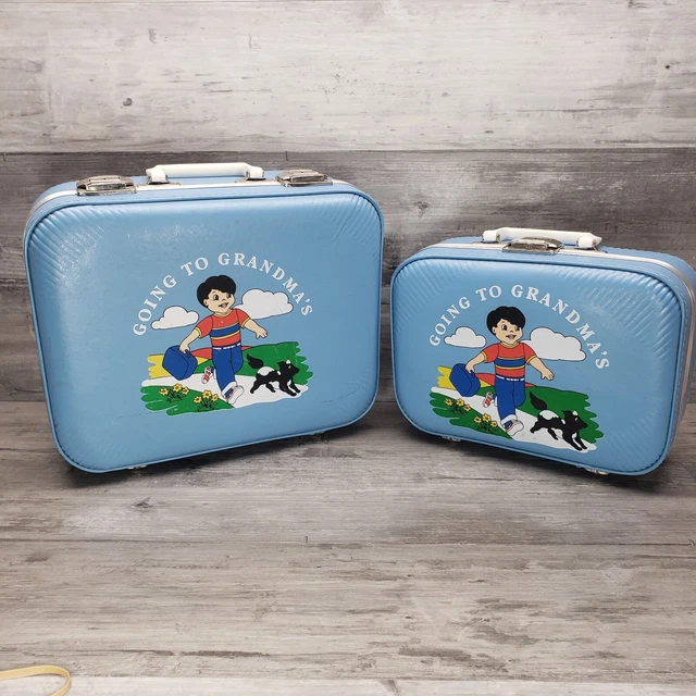 VINTAGE LUGGAGE GOING to Grandma's Pair Child Blue Hard Case Suitcase