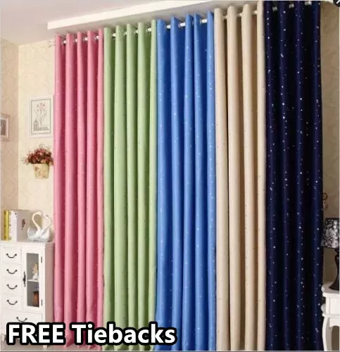 BLOCKOUT EYELET CURTAINS Kids Girls Boys STAR w SILVER PARTICLES Free Tiebacks