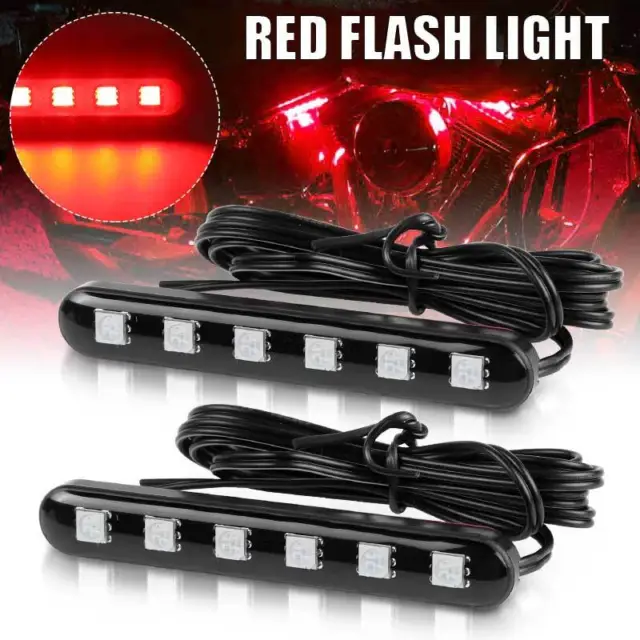 2x Red 6 LED Car Motorcycle Lights Strip Brake Tail Lights Strobe Flashing Lamps