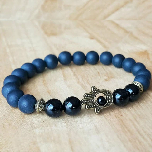 8mm Frosted Lapis Black Onyx Gemstone mala Bracelet 7.5inch Healing Mala Natural