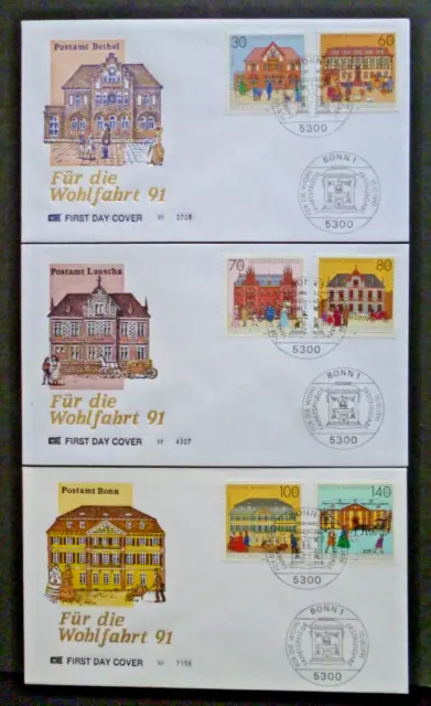 BRD FDC Ersttagsbriefe Mi.-Nr. 1563 - 1568 Für die Wohlfahrt 1991 Posthäuser