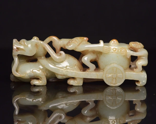 158g China Hand Carved natural Hetian Jade Pulling cart Dragon statue Decoration