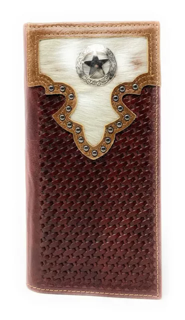 Western Men's Cow Fur Genuine Leather Basketweave Lone Star Bifold Wallet