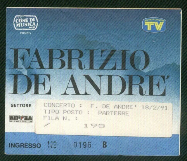FABRIZIO DE ANDRè Biglietto Concerto Modena Febbraio 1991 Ticket Musica RARO