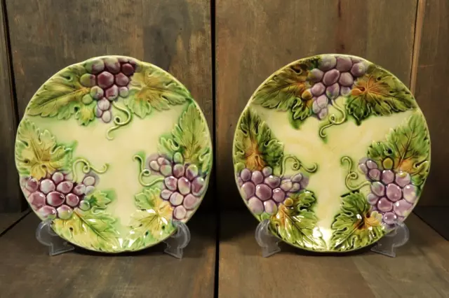 Antique French Majolica Cabinet Plate PAIR Grapes ONNAING Art Nouveau Victorian