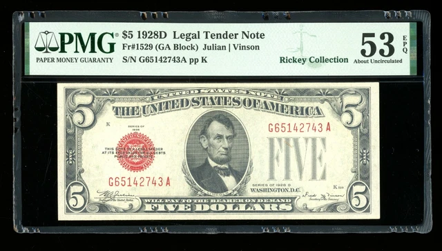 DBR 1928-D $5 Legal Fr. 1529 Vinson GA Block PMG 53 EPQ Serial G65142743A