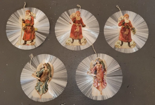 5 Double Sided 1900s Spun Glass German Die Cut Santa & Angel Christmas ornaments