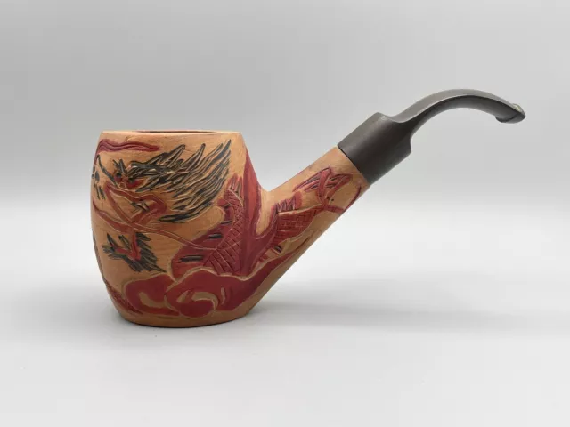 Vintage Chinese Tobacco Pipe Hand Carved Painted Dragon Art Wood LARGE