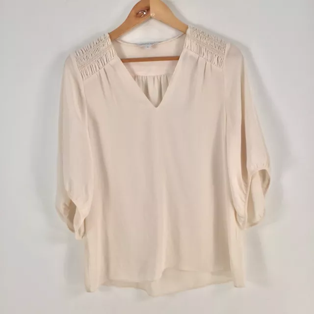 Veronika maine womens blouse top size 8 beige short sleeve Vneck 070937