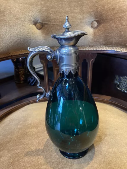 Antique Late 19th Century Handblown Green Glass Claret Jug