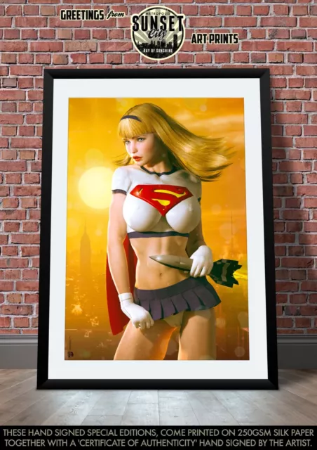 Linda Danvers Supergirl SEXY DC Comic signiert A3-Druck Sonnenuntergang City Superman Held 2