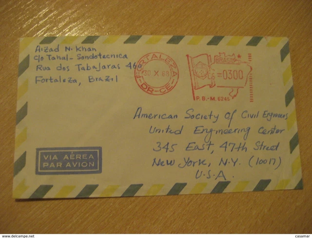 Fortress 1968 To New York USA Meter Air Mail Cancel Cover Brazil Brésil