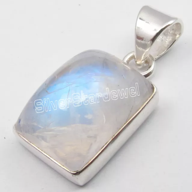 Rectangle Cabochon Rainbow Moonstone Necklace Pendant 925 Sterling Silver