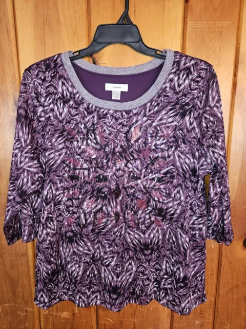 CJ Banks Womens Top Purple W/ Pink Sequins 3/4 Semi Sheer Sleeve Polyester Lined