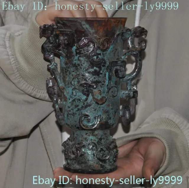 7"Old China Glass Carved Han dynasty Sacrifice Dragon Beast Goblet wineglass cup