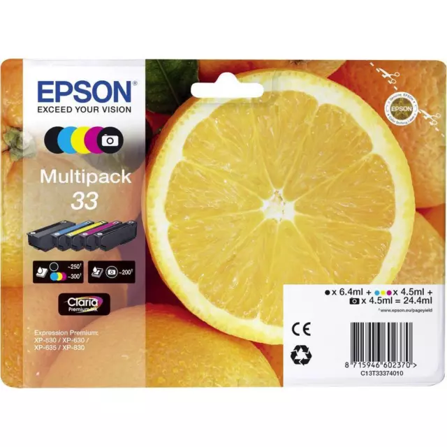 PACK 5 CARTOUCHE EPSON 33 NOIR + PHOTO + MAGENTA CYAN JAUNE / orange t3337 noire