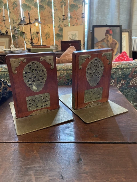 Early 20th Century Pair of Chinese Wood, Jadeite & Brass Bookends