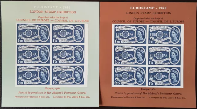 1962 Eurostamp London Stamp Exhibition 6d+1/6 Europa Miniature Sheets x2