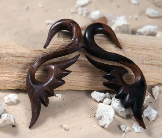 Pair Dark Sono Wood Swan Feather Ear Plug Hangers Hand Made Carved 8g - 1/2g US