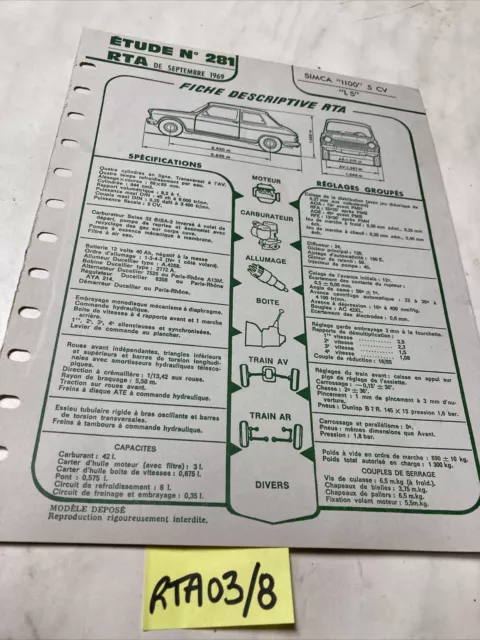 Fiche technique automobile Simca 1100 LS 5CV édition 1969 RTA