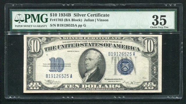 Fr.1703 1934-B $10 Ten Dollars Silver Certificate Pmg Choice Very Fine-35 Scarce