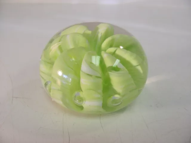 Joe St. Clair Art Glass Paperweight Green Ribbons Controlled Bubbles