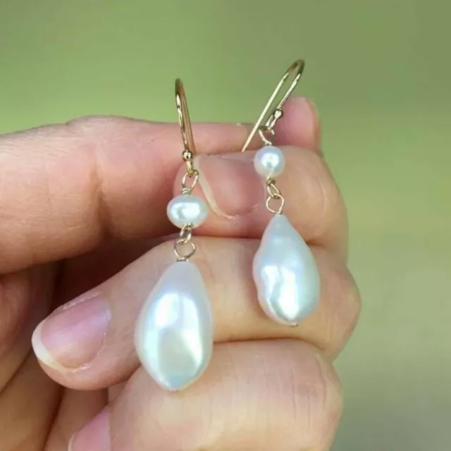 Natural 8mm white Baroque fresh water pearl 14K gold earrings Women