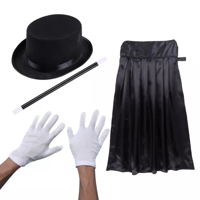 4 Magician Top Hat Cape Gown Magic Wand Gloves Costume Set Role Play for Kids