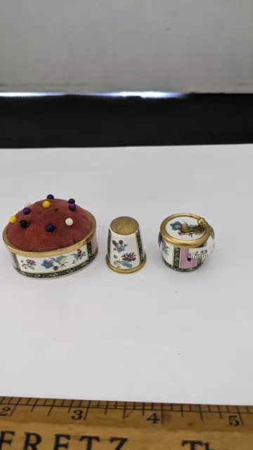 Halcyon Days V / A  Porcelain Sewing  Lot Tape Measurer Pin cushion Thimble 41