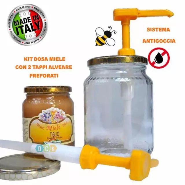 KIT Dispenser Dosatore Miele con 2 Capsule Adattabili per vaso miele 1 - 1/2 kg