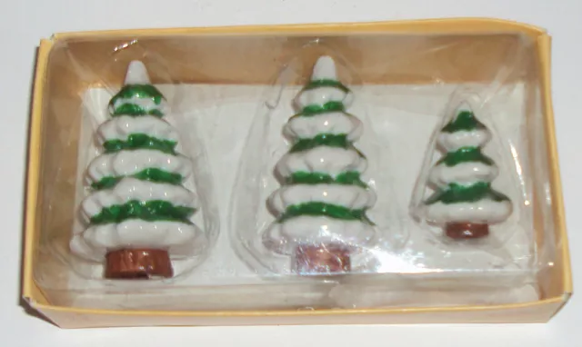 Miniature Ceramic Christmas Trees MIB Set of 3 Snow Village Accessories 2 1/2 in