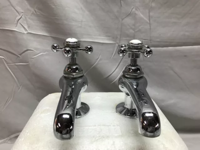 Vintage Pair Chrome Brass Separate Hot Cold Bathroom Sink Faucets Old 869-23B