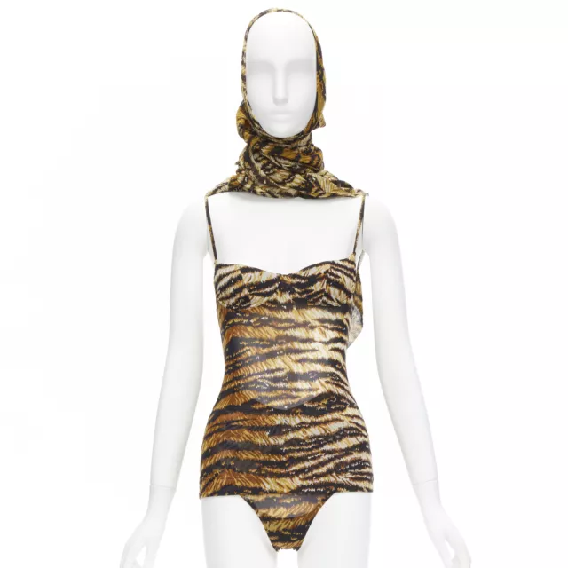 DOLCE GABBANA MARE Vintage brown tiger mesh bustier bodysuit wrap skirt scarf S